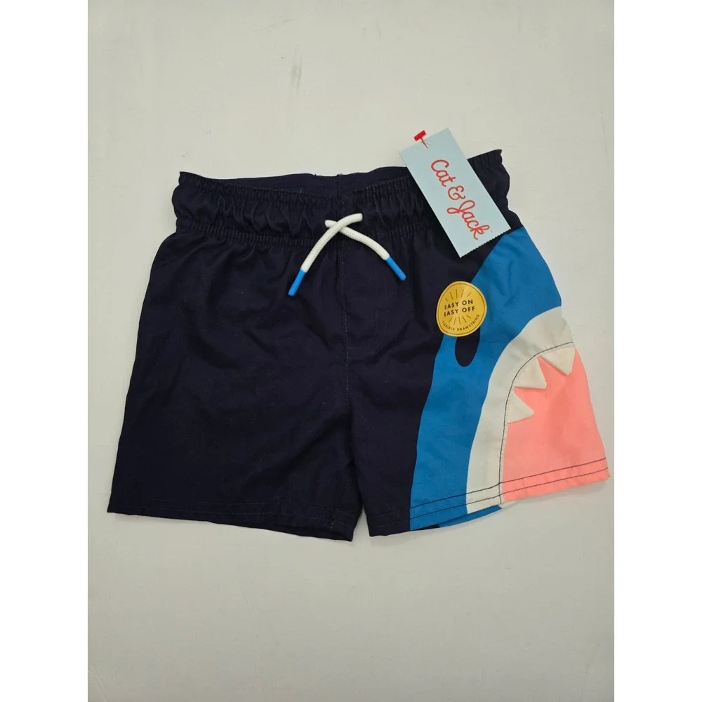 Cat & Jack Boys Shark Swim Trunks Navy Blue Coral UPF 50+ Flexible Drawstring